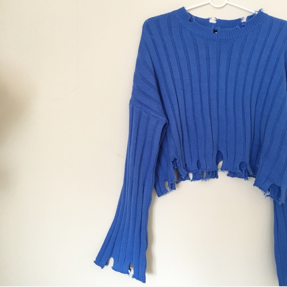 Blue Knit Shredded Grunge-Like Sweater - Picture 4 of 5